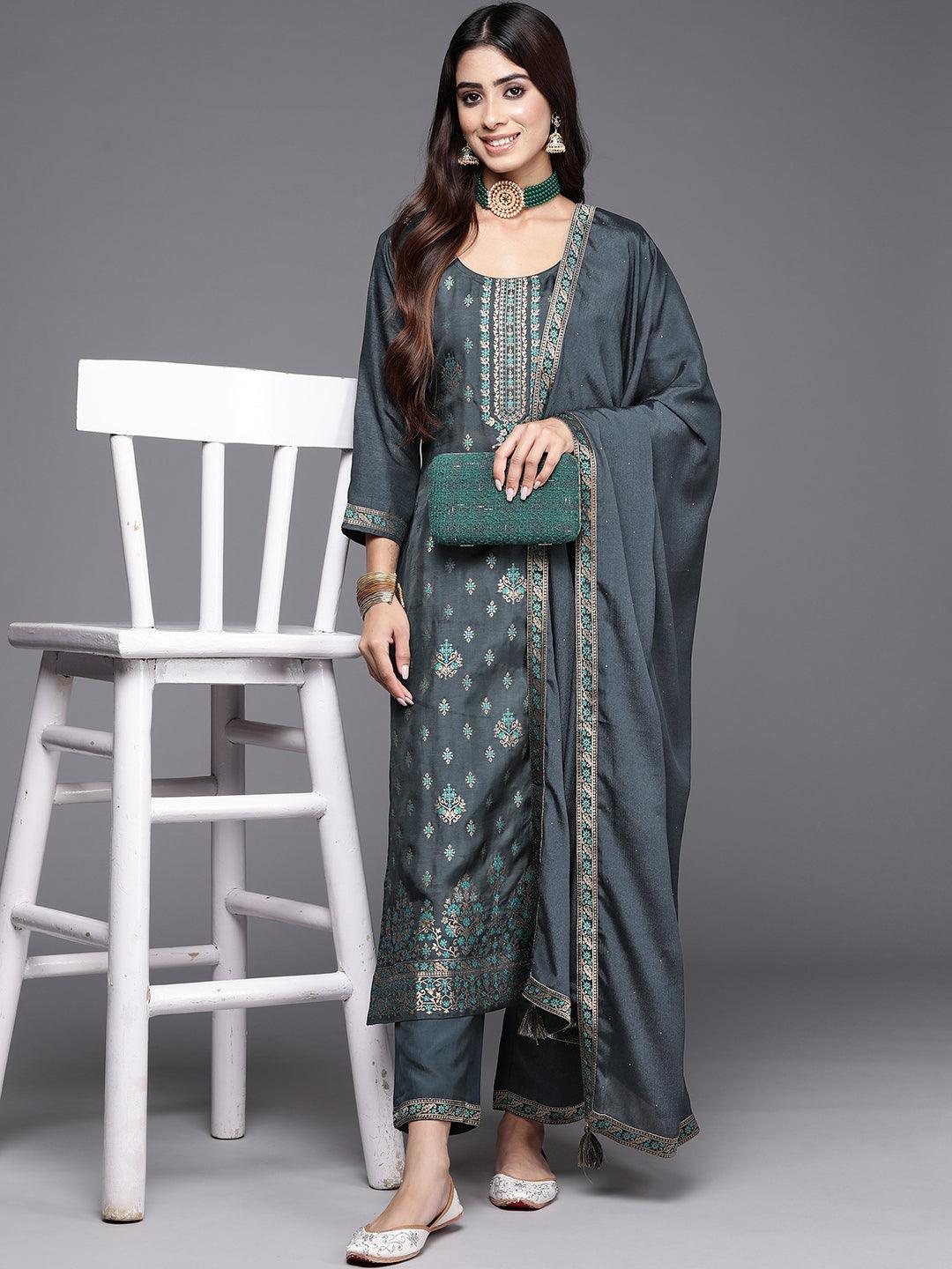 Grey Woven Design Silk Blend Straight Kurta With Trousers & Dupatta - Libas