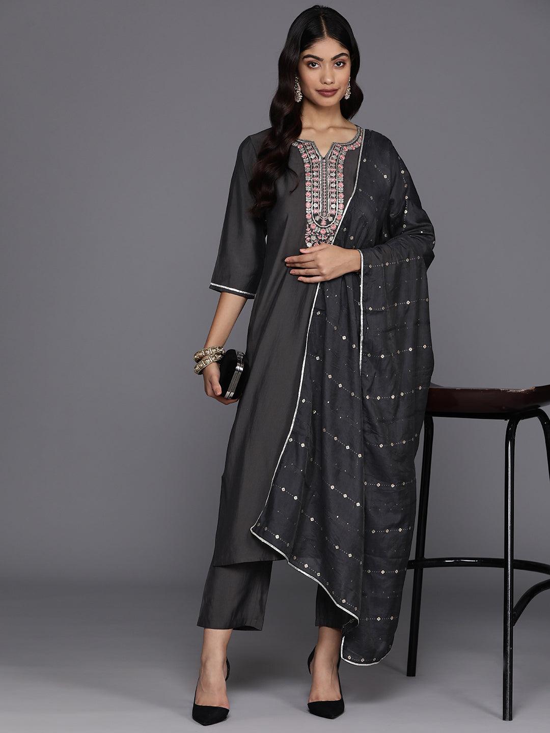 Grey Yoke Design Silk Blend Straight Suit With Dupatta