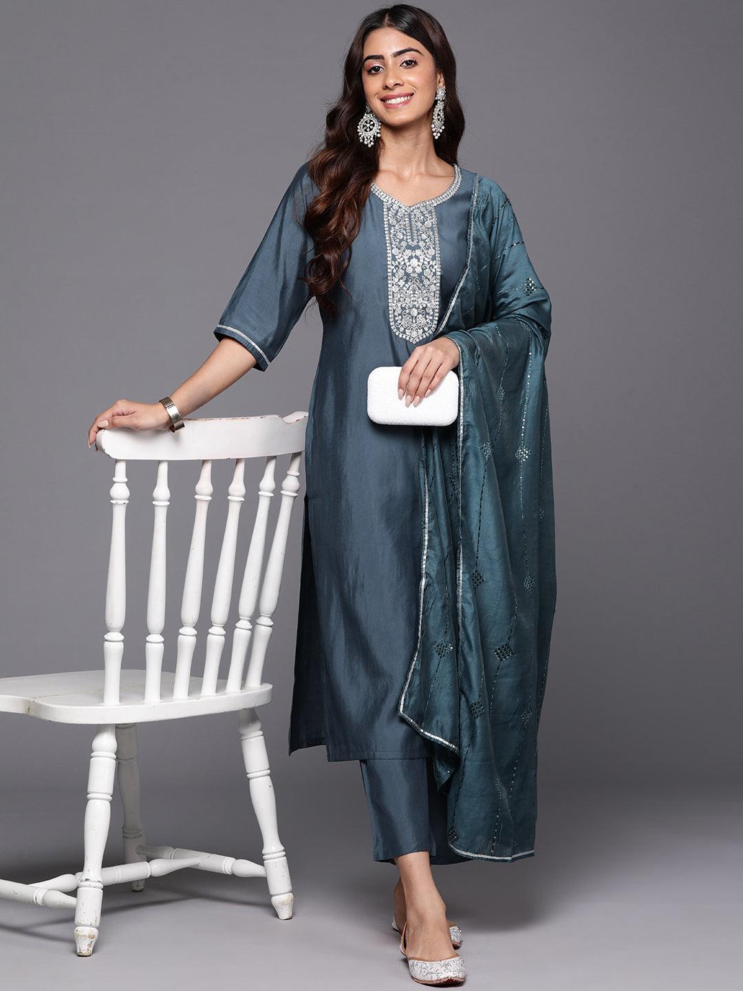 Grey Yoke Design Silk Blend Straight Kurta With Trousers & Dupatta - Libas 