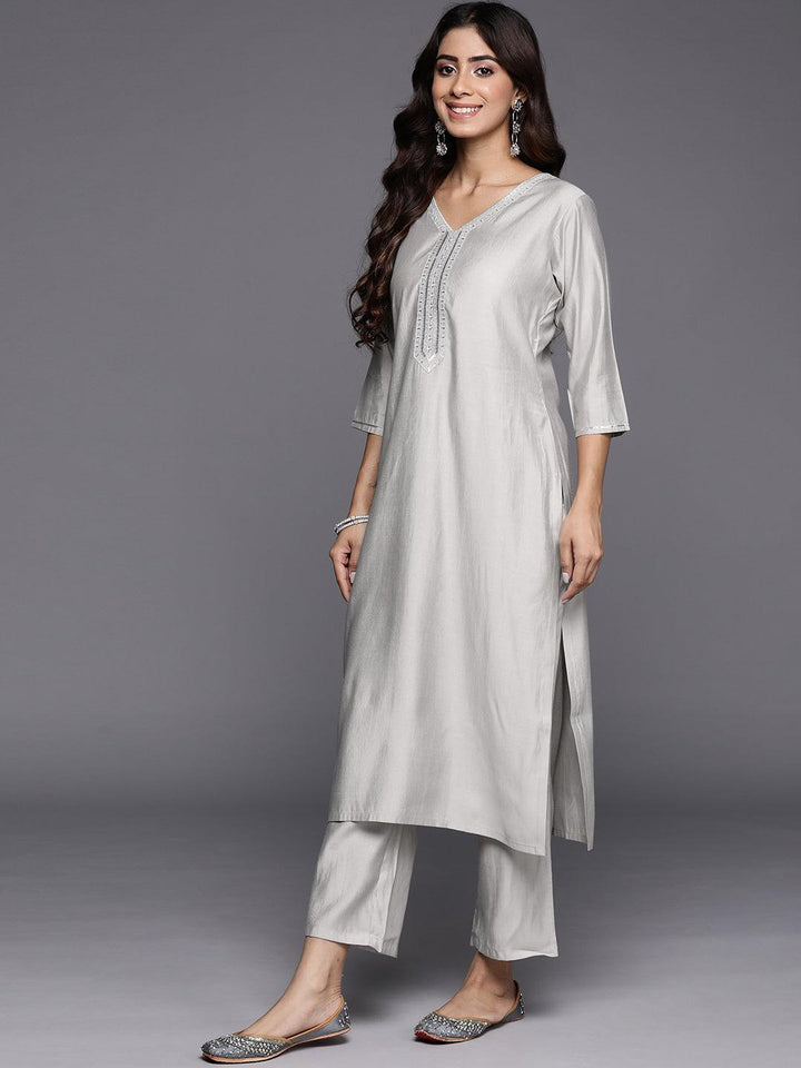 Grey Yoke Design Silk Blend Straight Kurta With Trousers & Dupatta - Libas