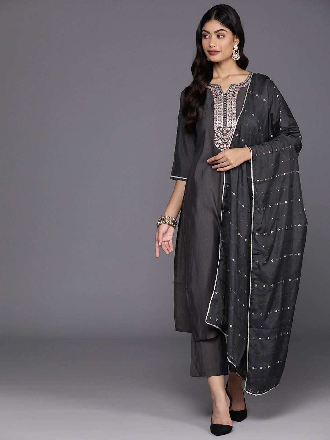 Grey Yoke Design Silk Blend Straight Suit With Dupatta