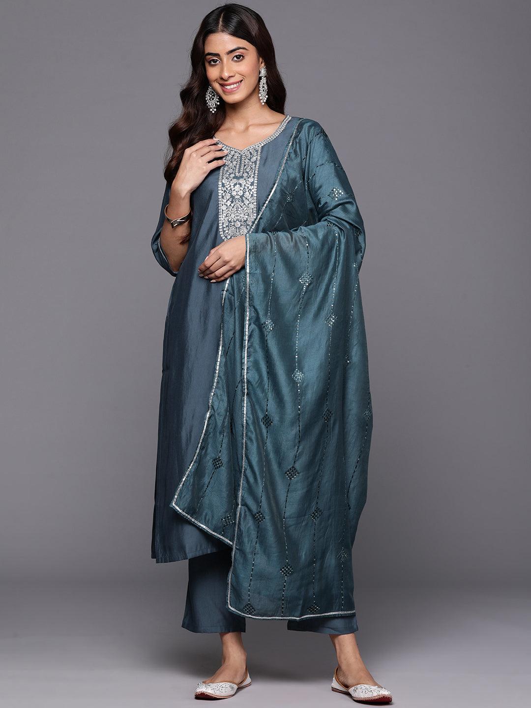 Grey Yoke Design Silk Blend Straight Kurta With Trousers & Dupatta - Libas 