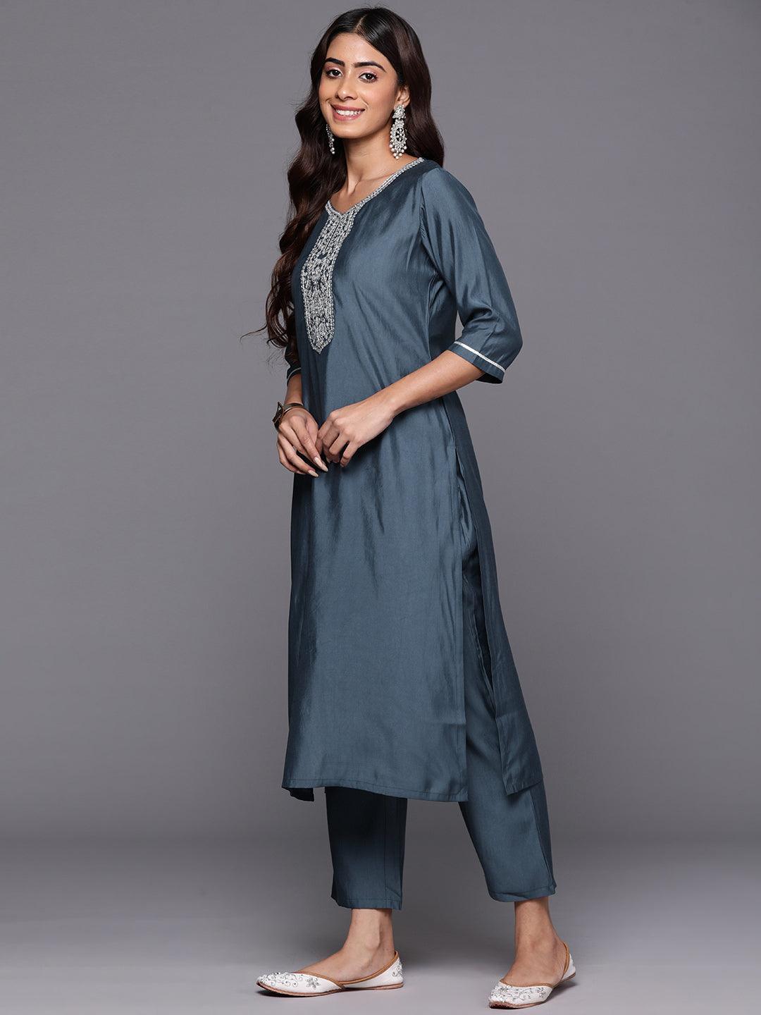 Grey Yoke Design Silk Blend Straight Kurta With Trousers & Dupatta - Libas 