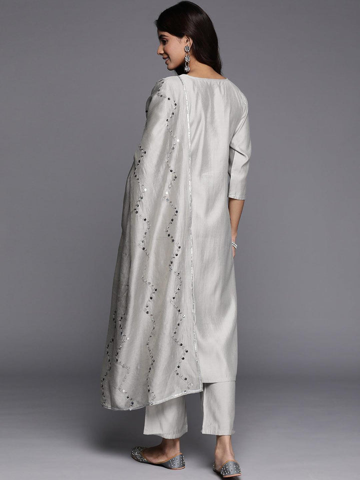 Grey Yoke Design Silk Blend Straight Kurta With Trousers & Dupatta - Libas