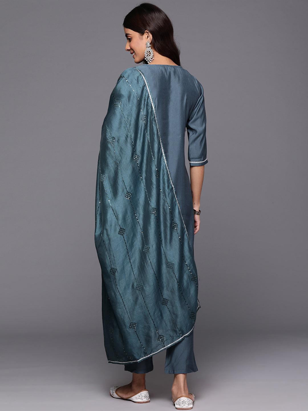 Grey Yoke Design Silk Blend Straight Kurta With Trousers & Dupatta - Libas 