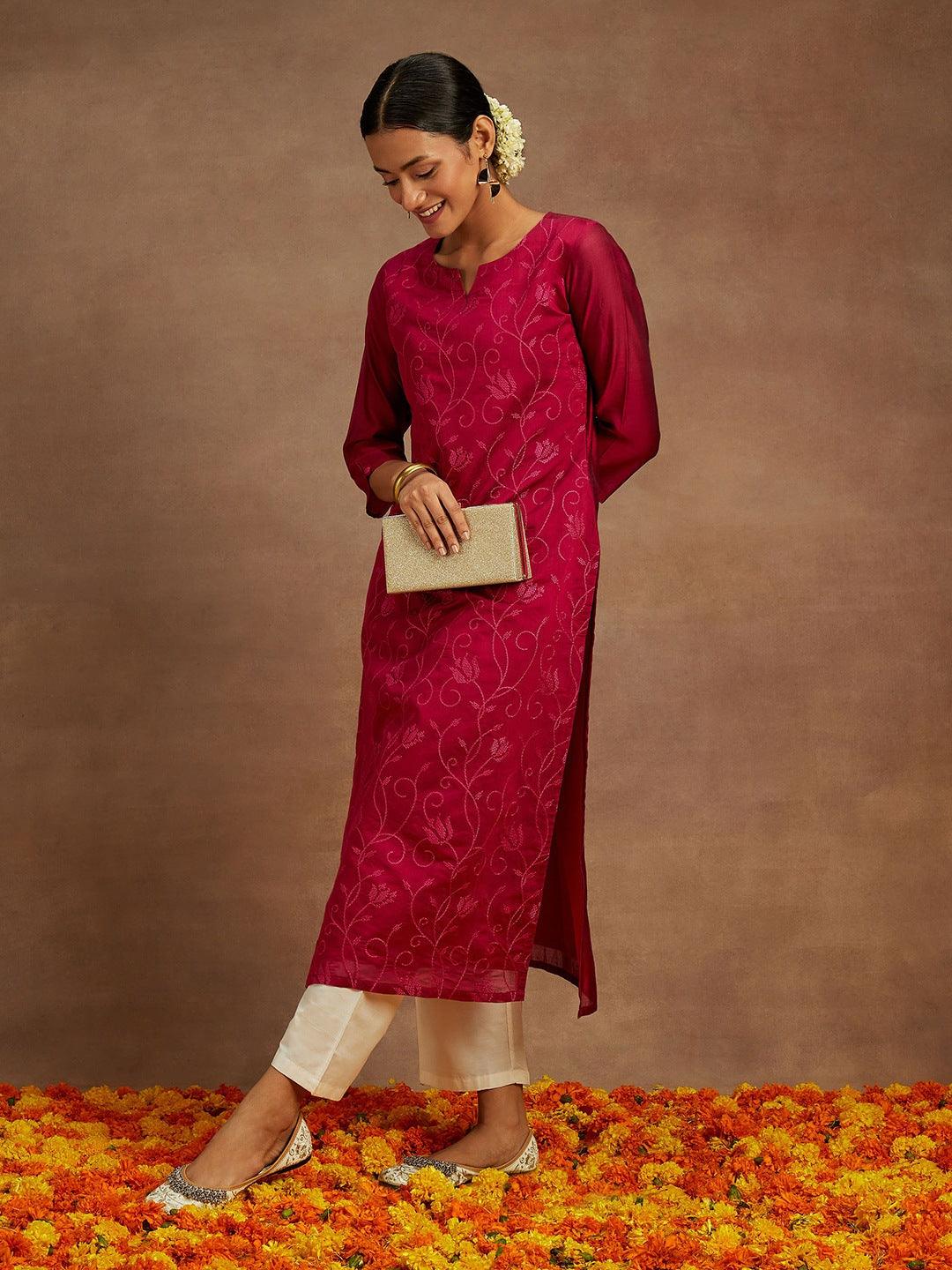 Hot Pink Embroidered Chanderi Silk Straight Kurta - Libas 