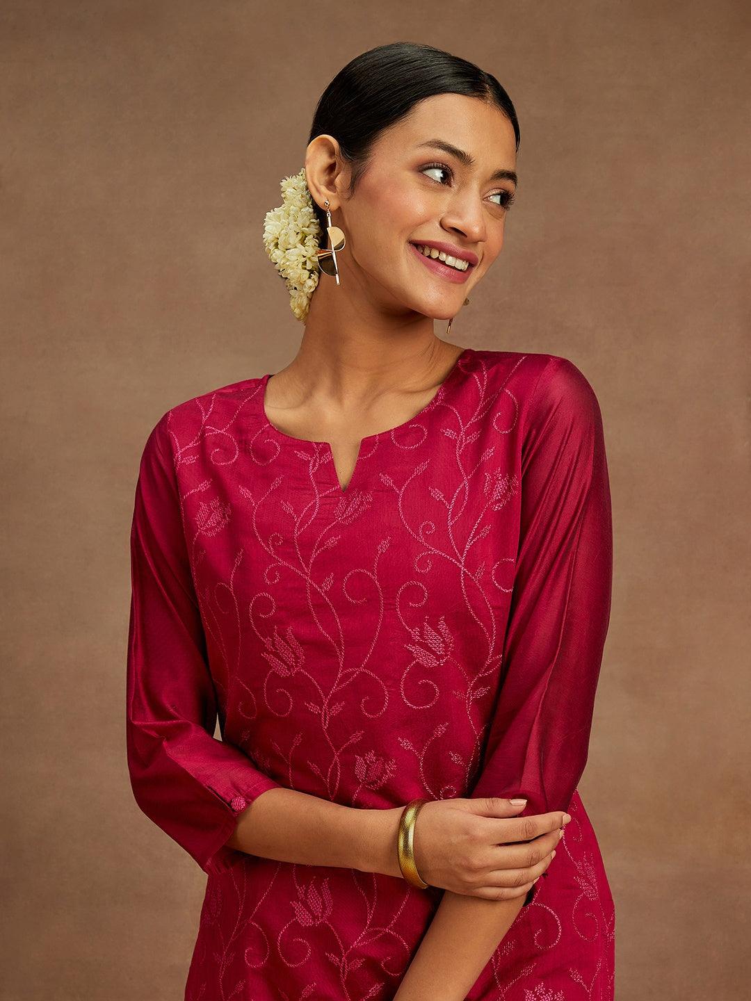 Hot Pink Embroidered Chanderi Silk Straight Kurta - Libas 