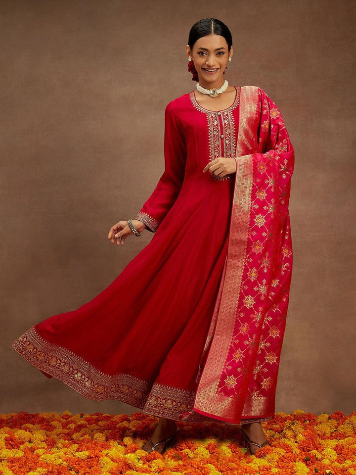 Hot Pink Yoke Design Silk Blend Anarkali Kurta With Trousers & Dupatta - Libas