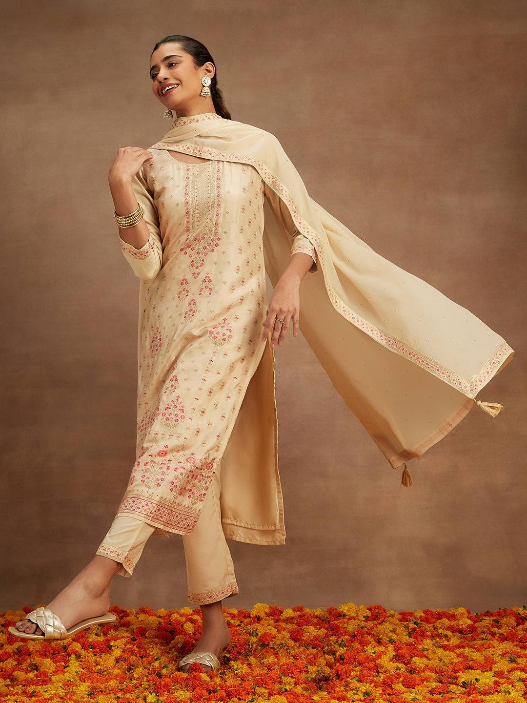 Ivory Woven Design Silk Blend Straight Kurta With Trousers & Dupatta - Libas 