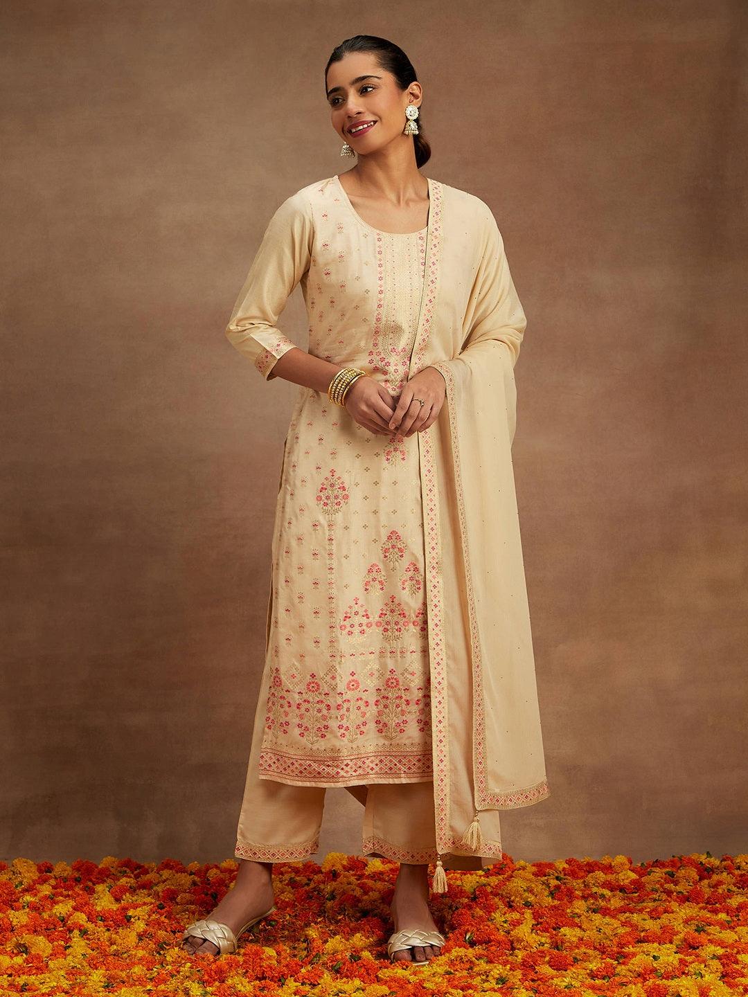 Ivory Woven Design Silk Blend Straight Kurta With Trousers & Dupatta - Libas 