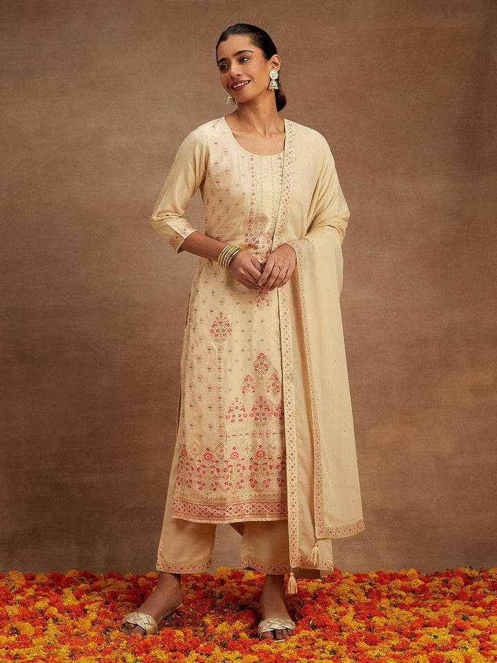 Ivory Woven Design Silk Blend Straight Kurta With Trousers & Dupatta - Libas