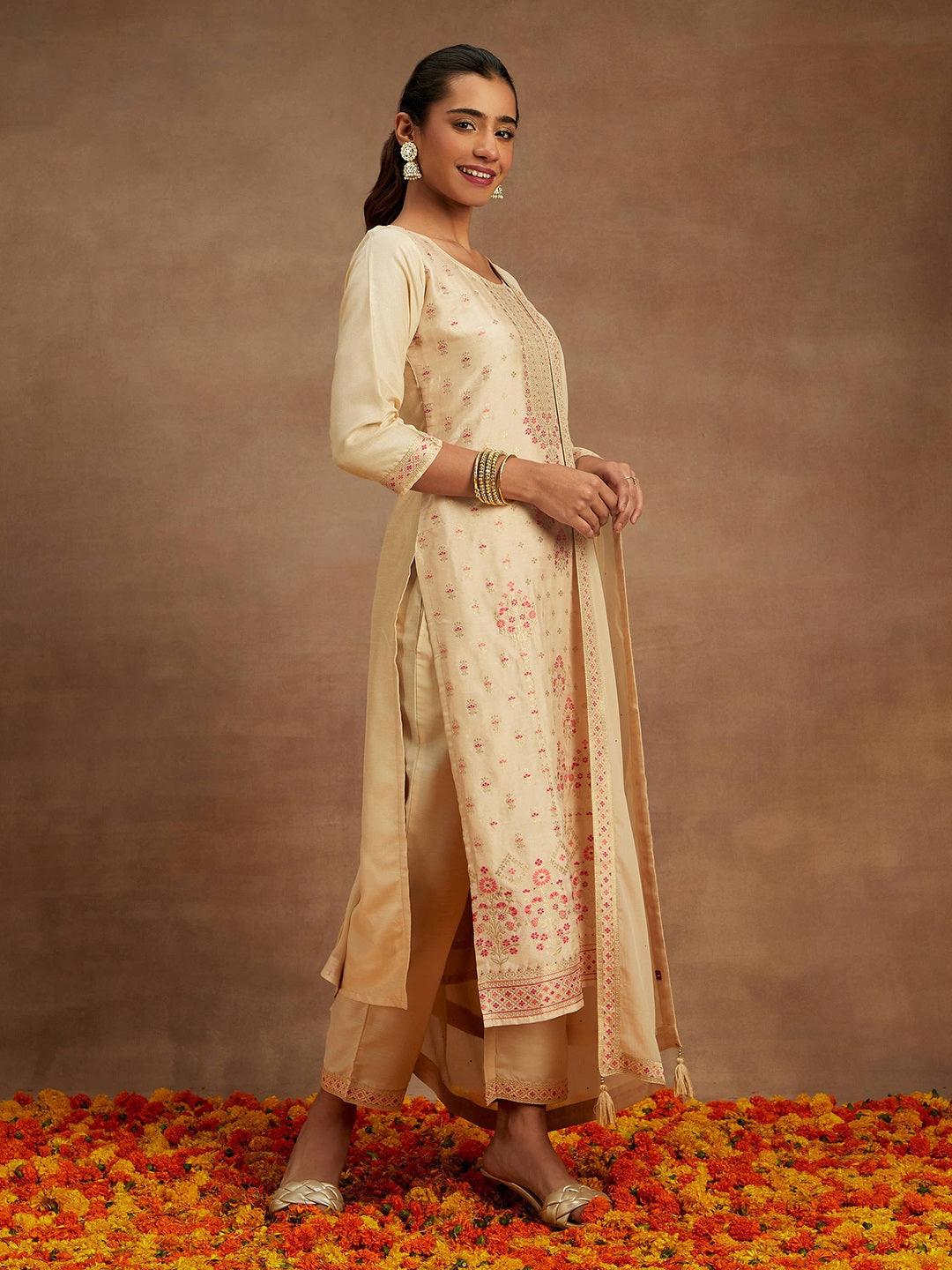 Ivory Woven Design Silk Blend Straight Kurta With Trousers & Dupatta - Libas