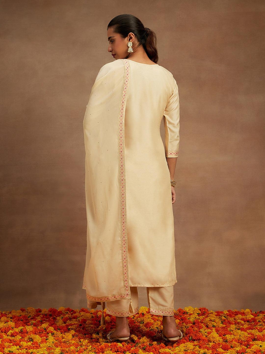 Ivory Woven Design Silk Blend Straight Kurta With Trousers & Dupatta - Libas 