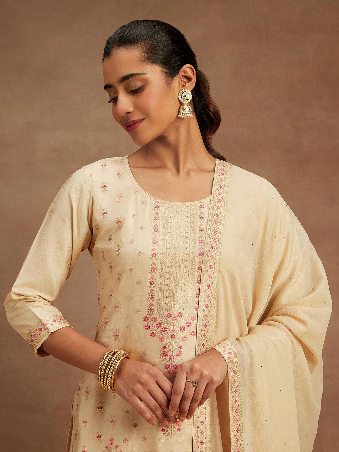 Ivory Woven Design Silk Blend Straight Kurta With Trousers & Dupatta - Libas 