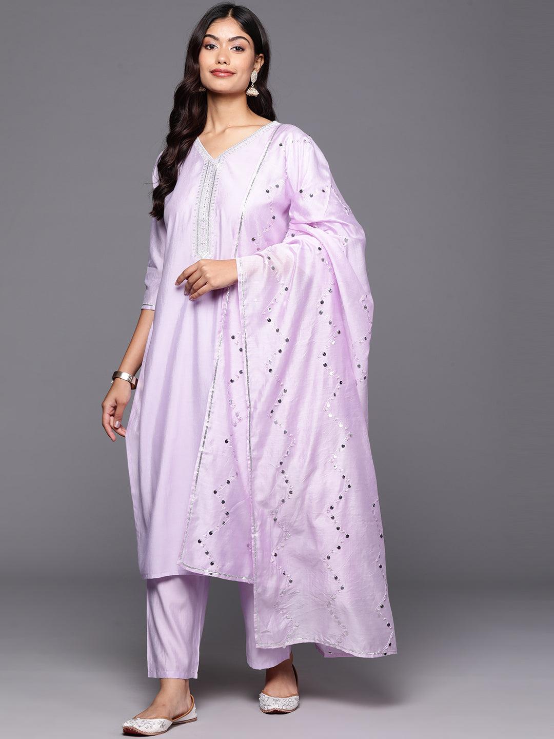 Lavender Yoke Design Silk Blend Straight Suit With Dupatta
