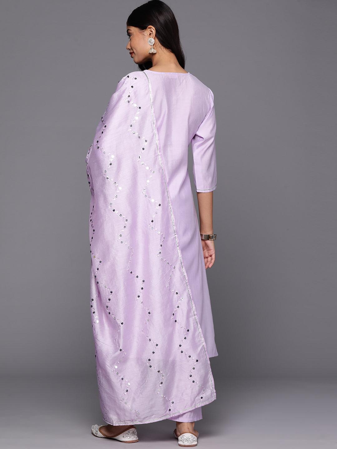 Lavender Yoke Design Silk Blend Straight Suit With Dupatta