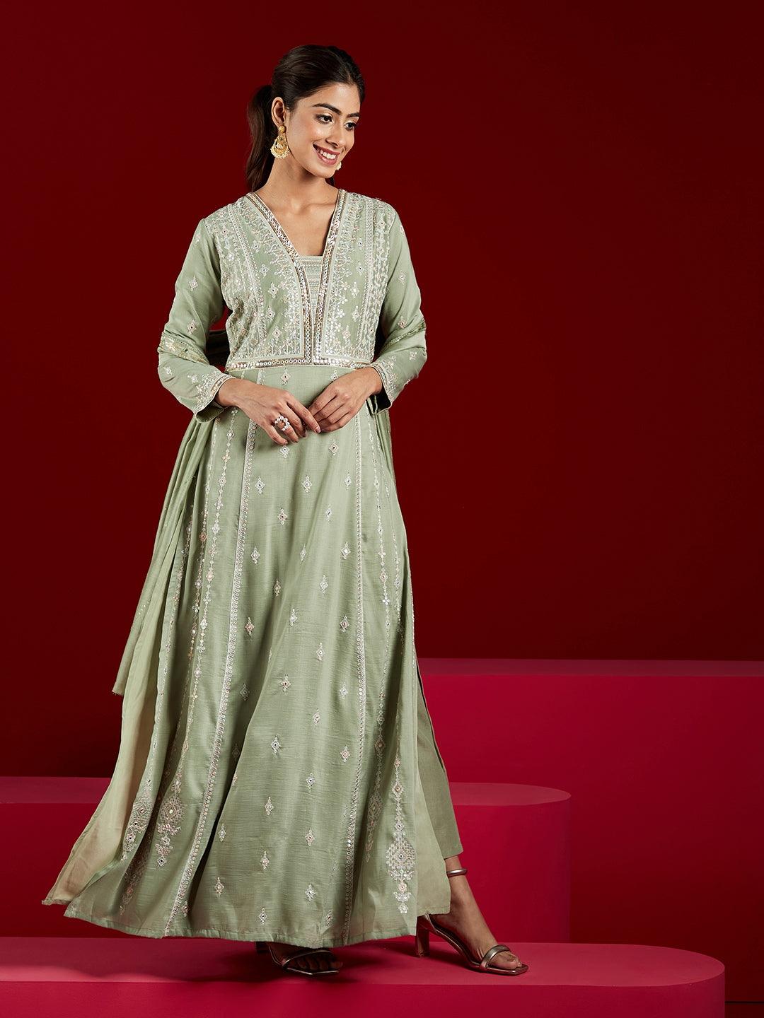 Libas Art Dusty Green Embroidered Silk Blend A-Line Kurta With Trousers & Dupatta - Libas 