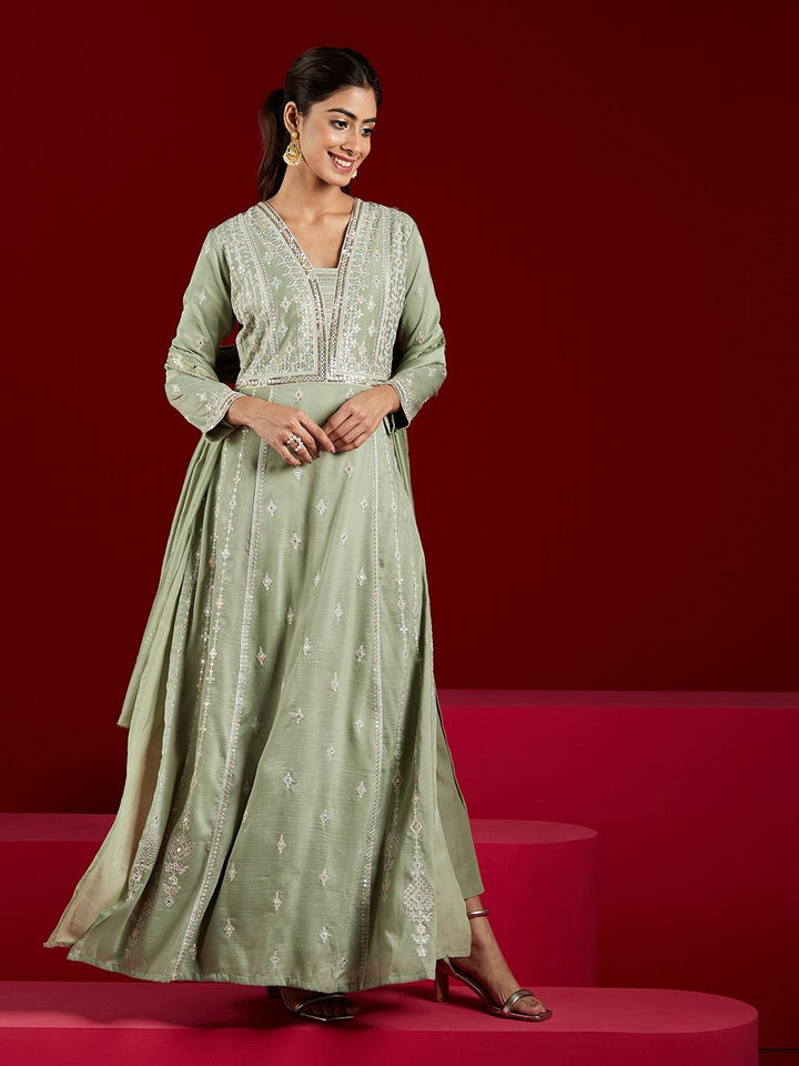 Libas Art Dusty Green Embroidered Silk Blend A-Line Kurta With Trousers & Dupatta - Libas