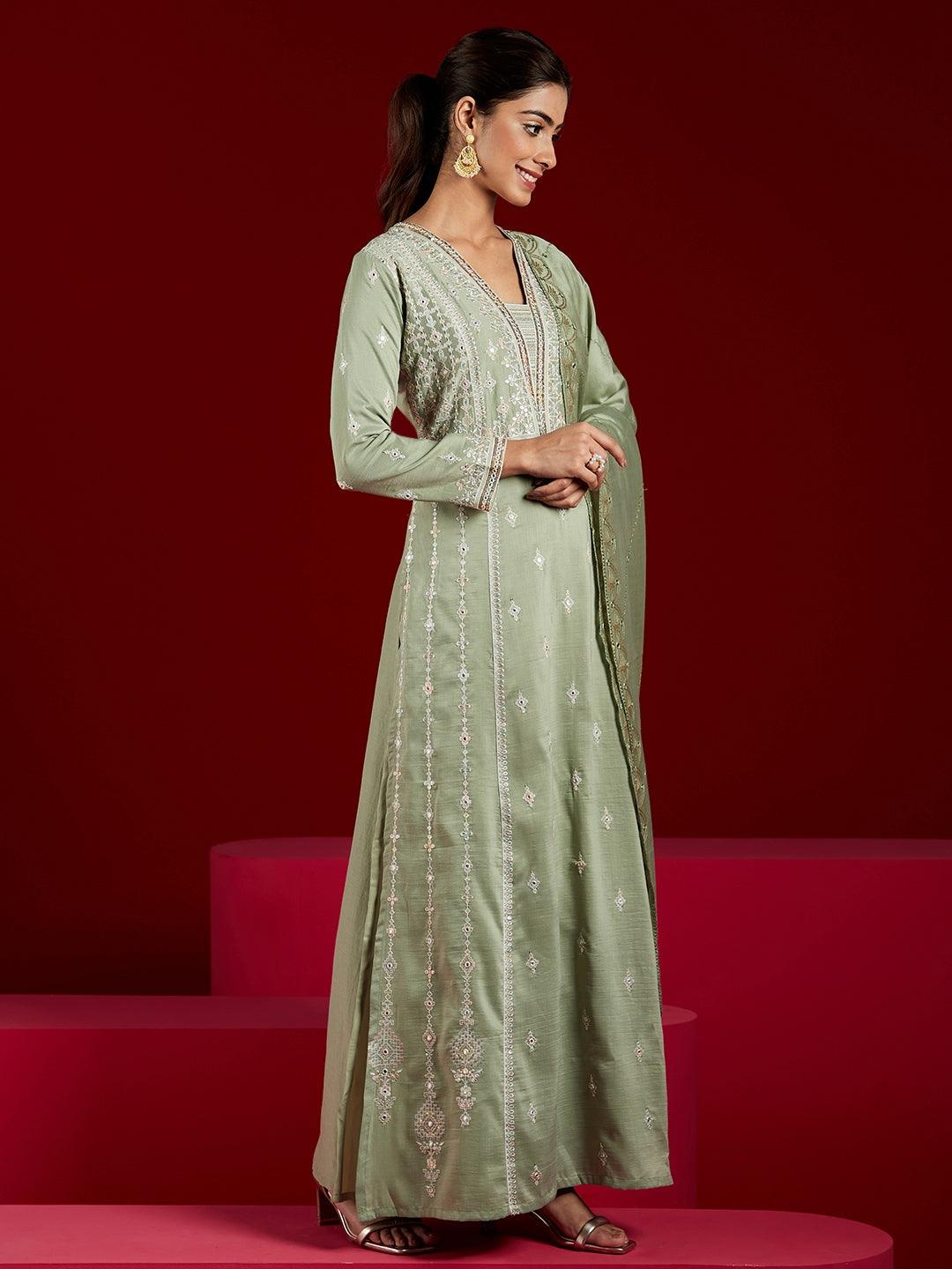 Libas Art Dusty Green Embroidered Silk Blend A-Line Kurta With Trousers & Dupatta - Libas