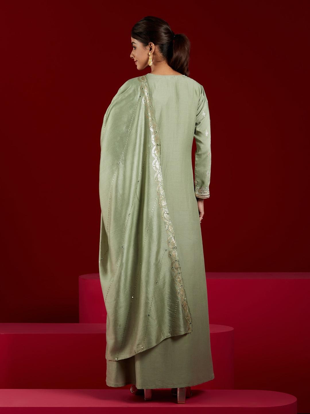 Libas Art Dusty Green Embroidered Silk Blend A-Line Kurta With Trousers & Dupatta - Libas