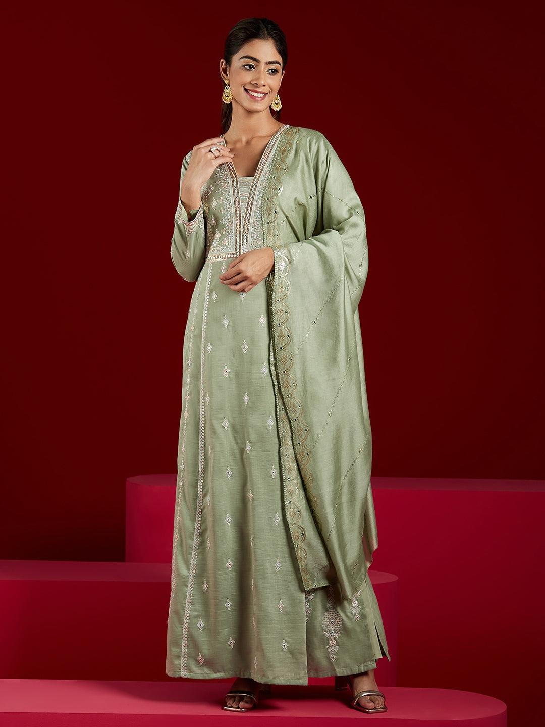 Libas Art Dusty Green Embroidered Silk Blend A-Line Kurta With Trousers & Dupatta - Libas