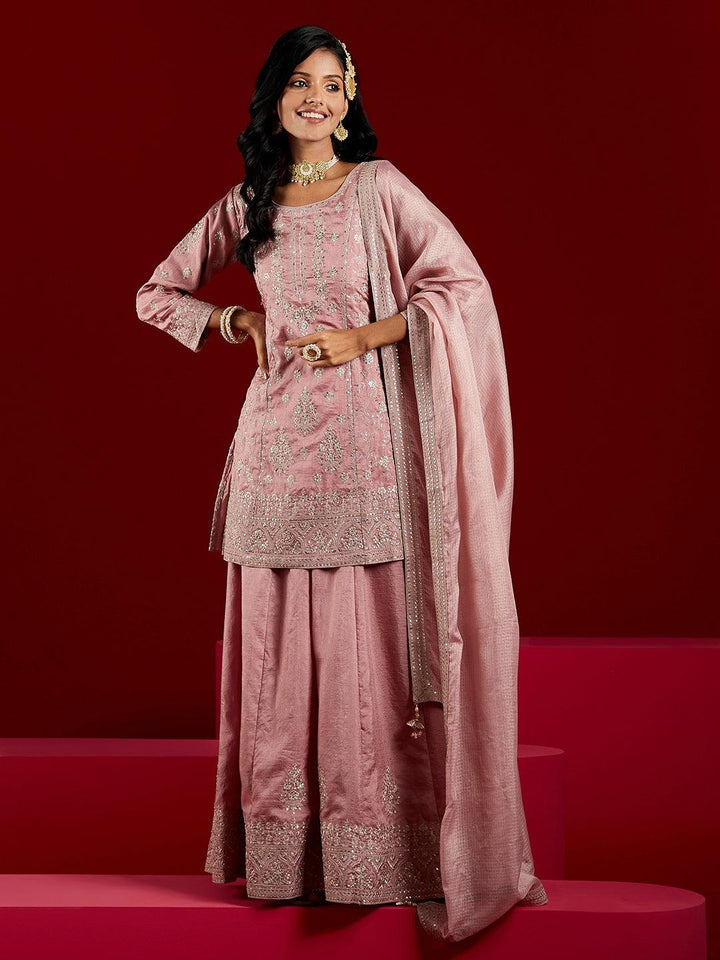 Libas Art Dusty Pink Embroidered Silk A-Line Kurti With Palazzos & Dupatta - Libas