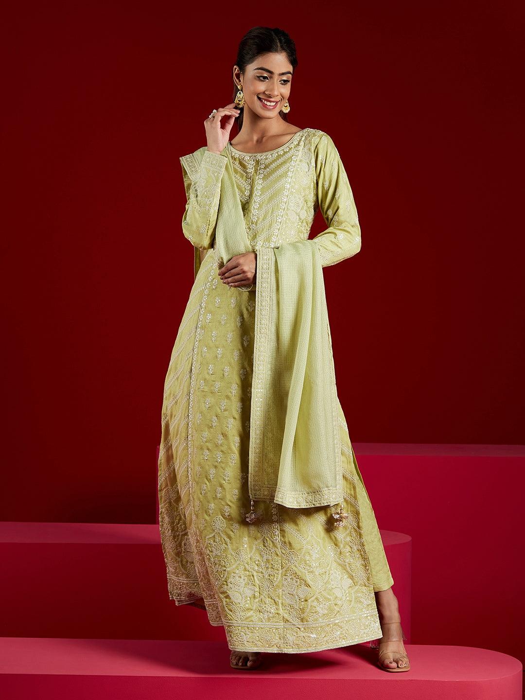 Libas Art Green Embroidered Silk A-Line Kurta With Trousers & Dupatta - Libas 