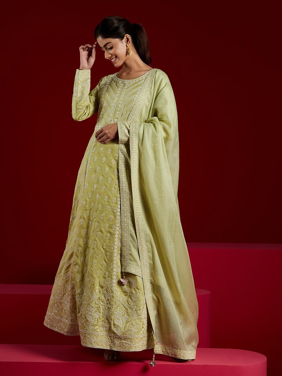 Libas Art Green Embroidered Silk A-Line Kurta With Trousers & Dupatta - Libas 