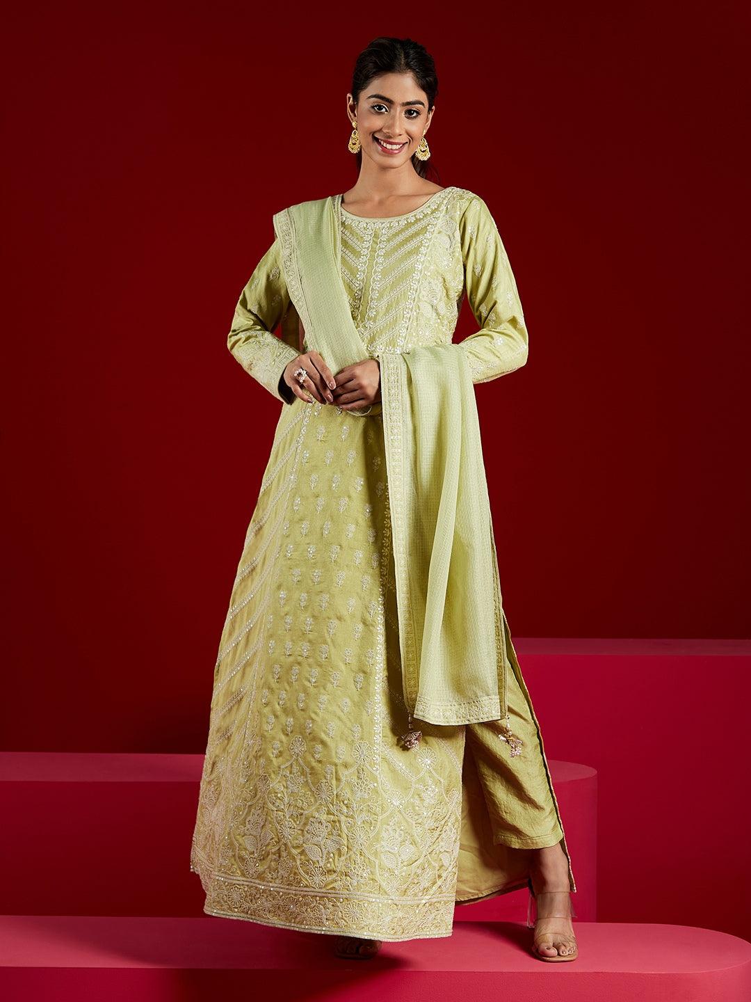 Libas Art Green Embroidered Silk A-Line Kurta With Trousers & Dupatta - Libas 