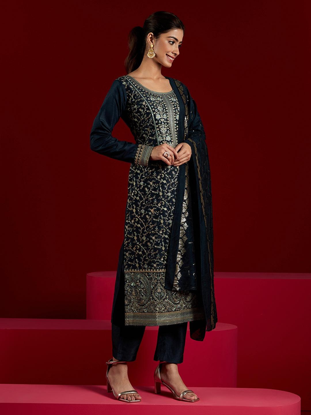 Libas Art Navy Blue Embroidered Silk Blend Straight Kurta With Trousers & Dupatta - Libas 