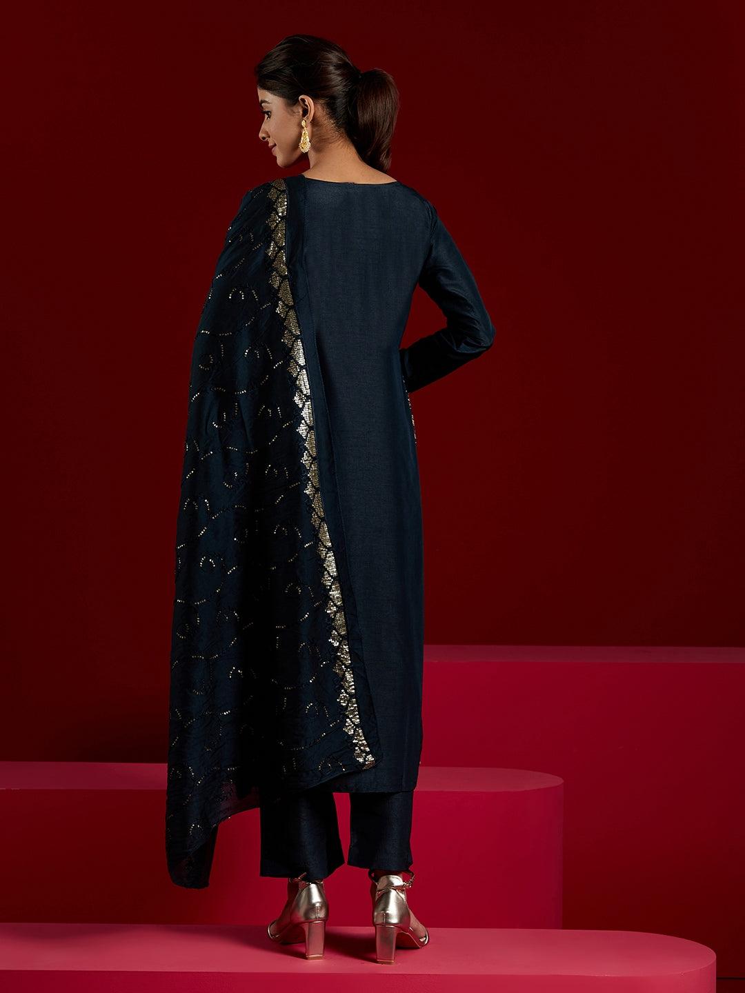 Libas Art Navy Blue Embroidered Silk Blend Straight Kurta With Trousers & Dupatta - Libas 