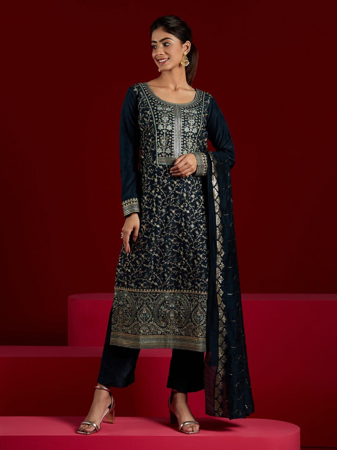 Libas Art Navy Blue Embroidered Silk Blend Straight Kurta With Trousers & Dupatta - Libas 