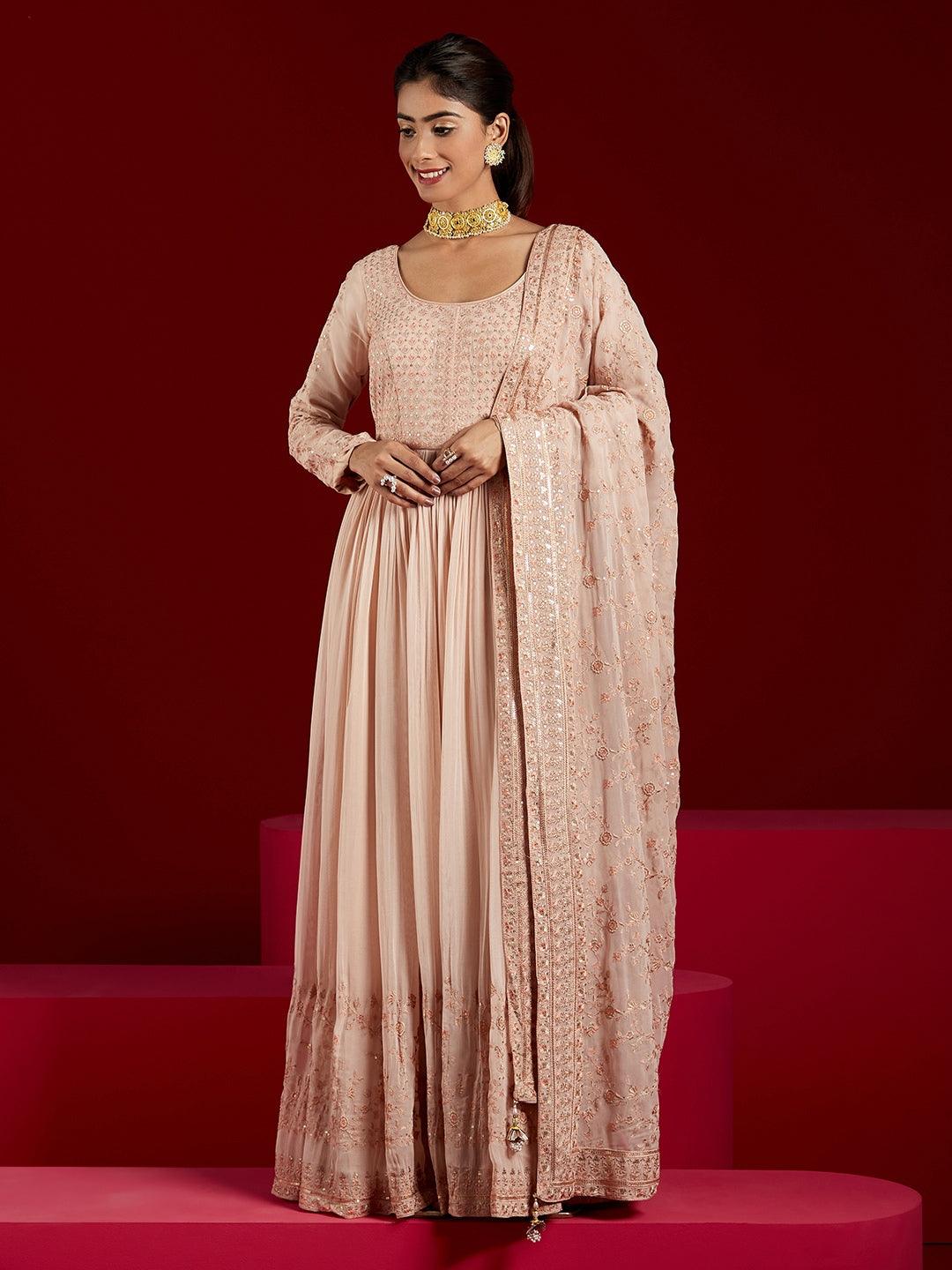 Libas Art Peach Embroidered Georgette Anarkali Kurta With Trousers & Dupatta - Libas