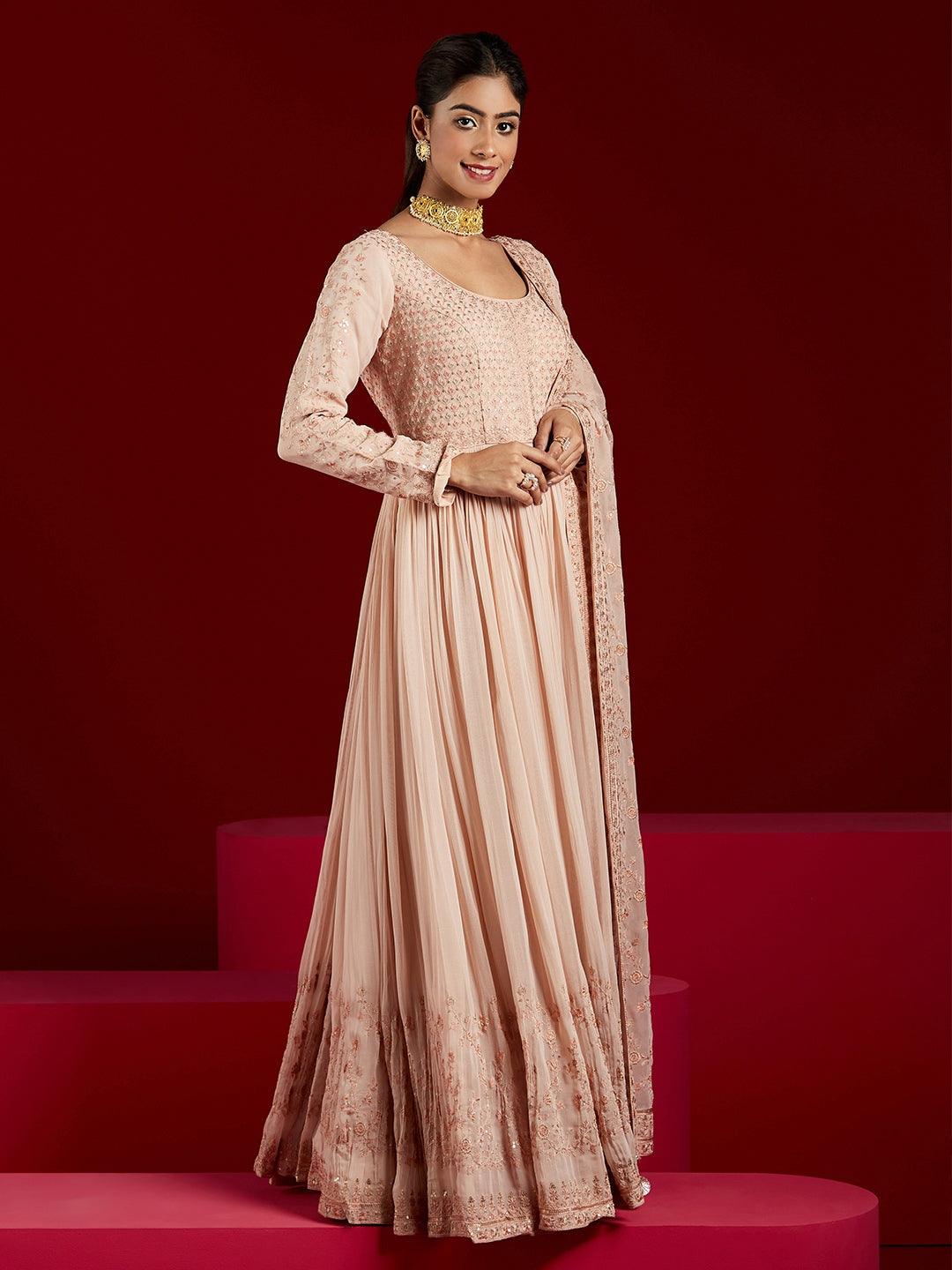 Libas Art Peach Embroidered Georgette Anarkali Kurta With Trousers & Dupatta - Libas 