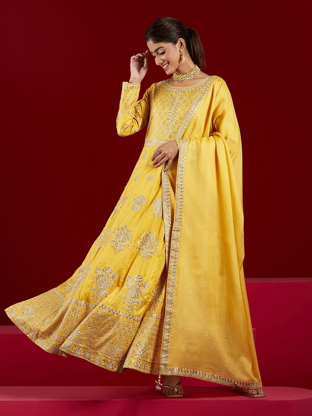 Libas Art Yellow Embroidered Silk A-Line Kurta With Trousers & Dupatta - Libas 