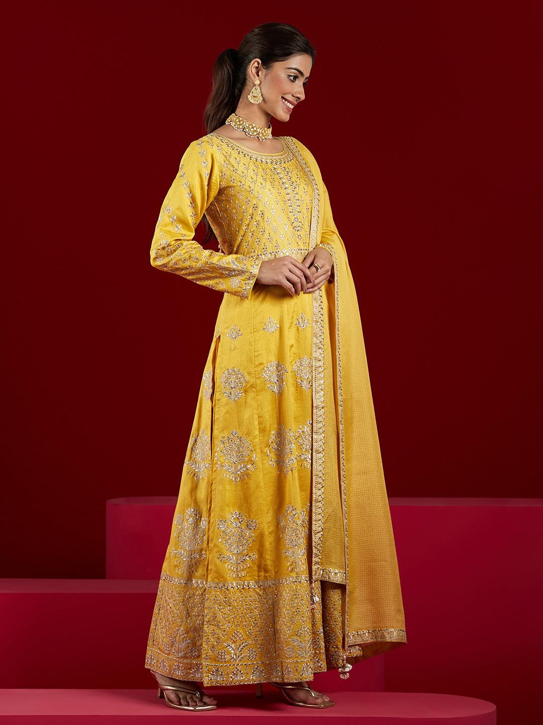 Libas Art Yellow Embroidered Silk A-Line Kurta With Trousers & Dupatta - Libas 