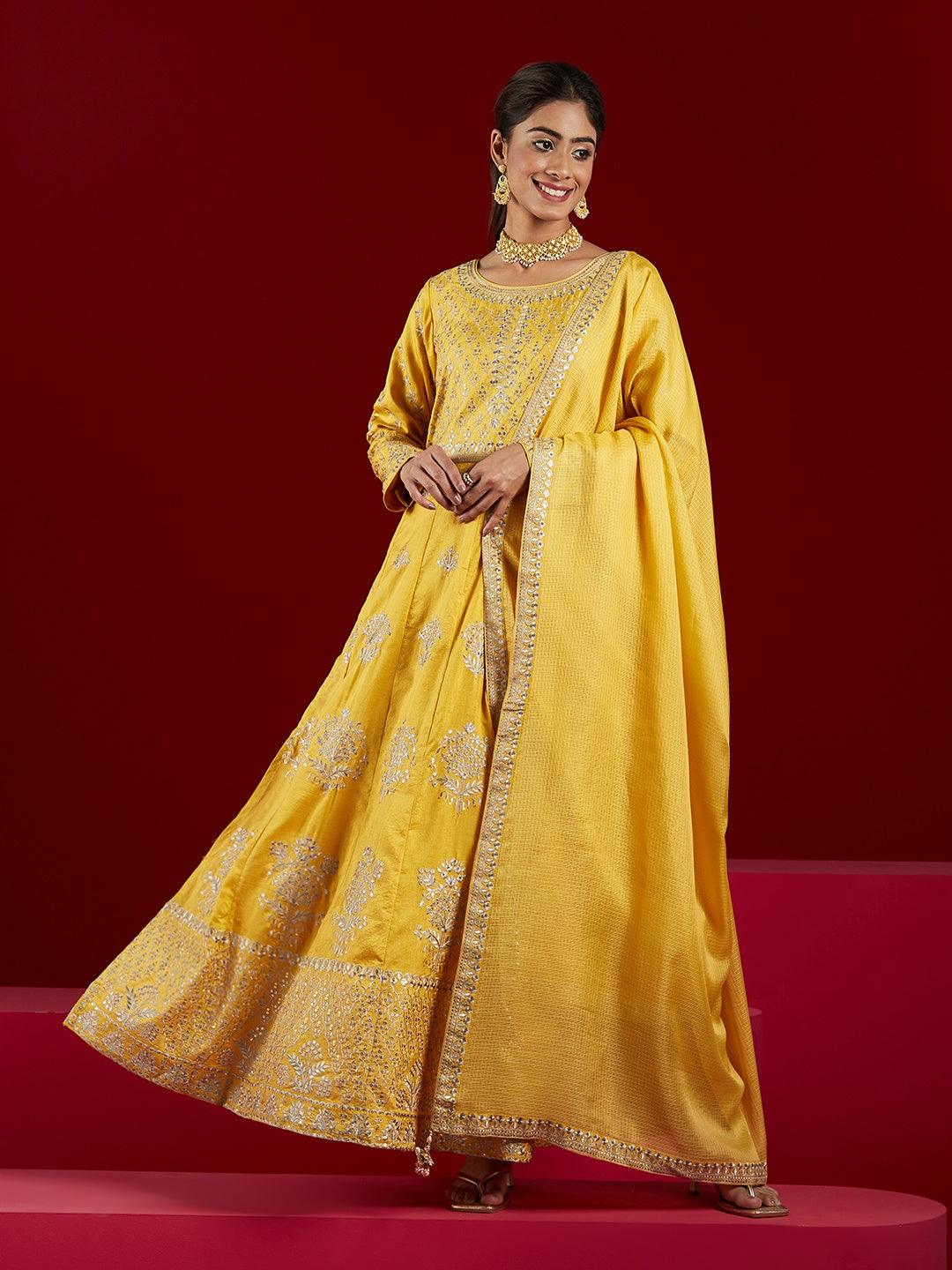 Libas Art Yellow Embroidered Silk A-Line Kurta With Trousers & Dupatta - Libas 