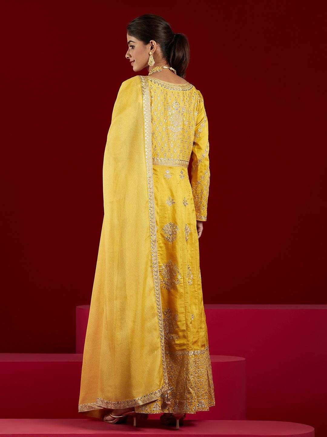 Libas Art Yellow Embroidered Silk A-Line Kurta With Trousers & Dupatta - Libas 