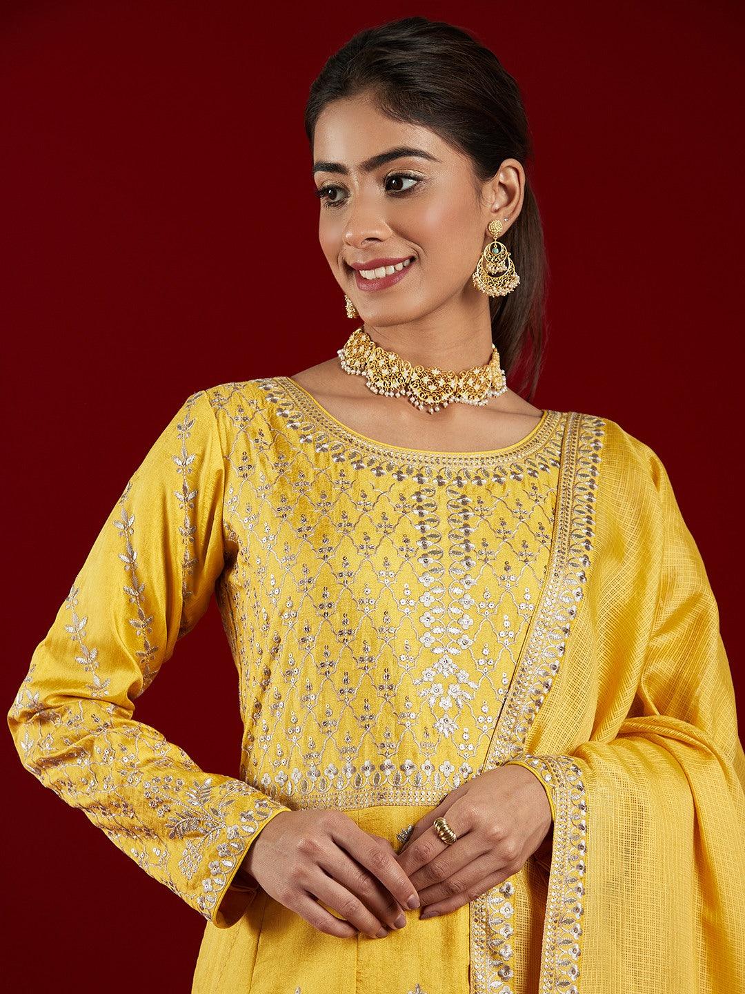 Libas Art Yellow Embroidered Silk A-Line Kurta With Trousers & Dupatta - Libas