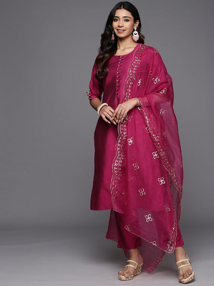 Magenta Solid Silk Blend Straight Kurta With Trousers & Dupatta - Libas