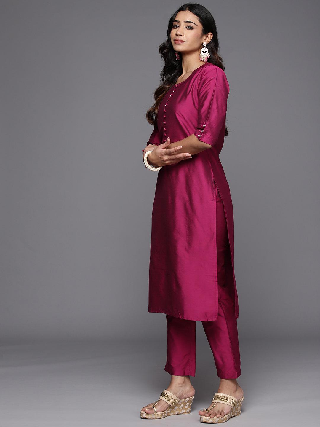 Magenta Solid Silk Blend Straight Kurta With Trousers & Dupatta - Libas 