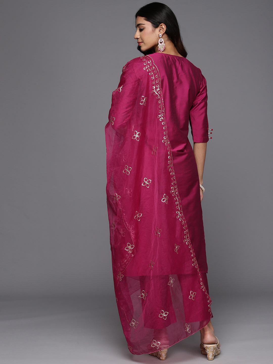 Magenta Solid Silk Blend Straight Kurta With Trousers & Dupatta - Libas 