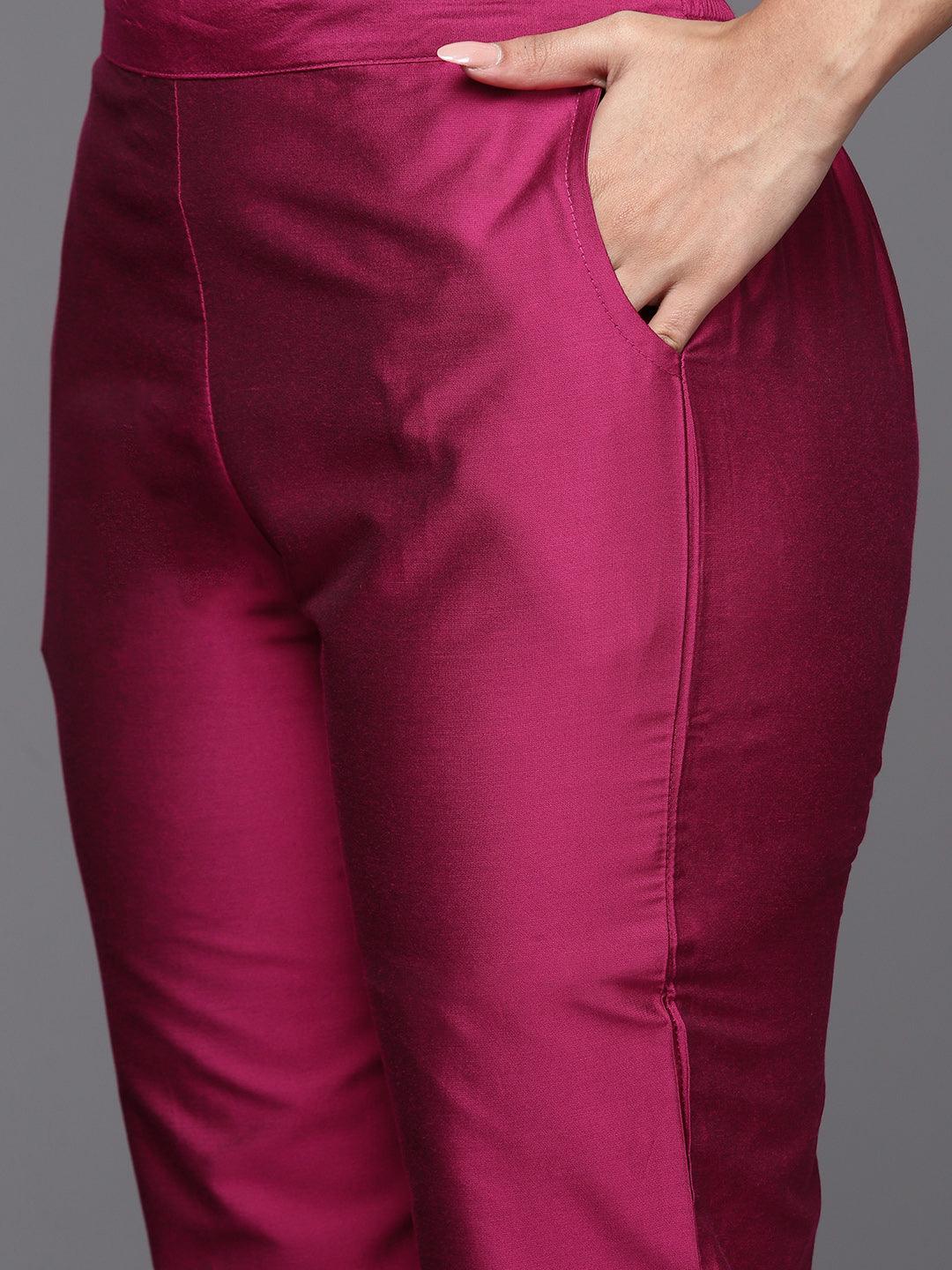 Magenta Solid Silk Blend Straight Kurta With Trousers & Dupatta - Libas 