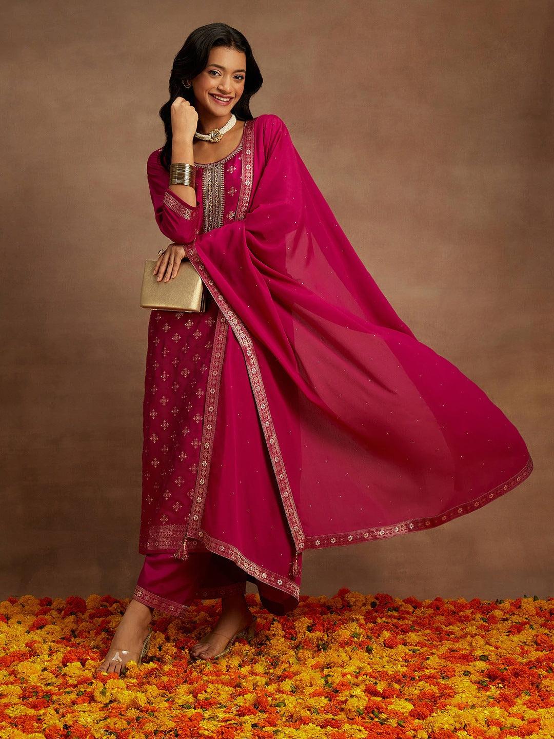 Magenta Woven Design Silk Blend Straight Kurta With Trousers & Dupatta - Libas 