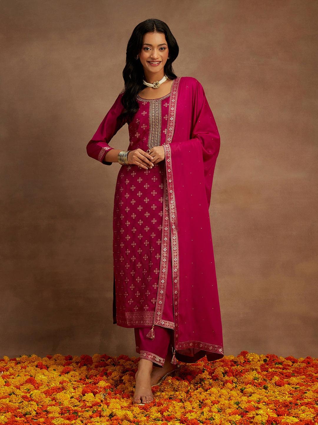 Magenta Woven Design Silk Blend Straight Kurta With Trousers & Dupatta - Libas