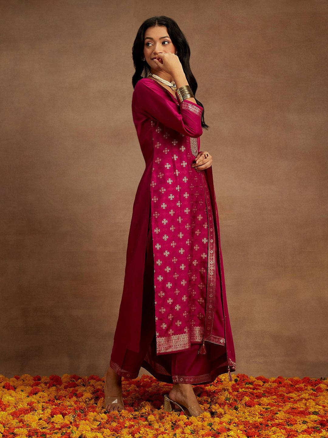 Magenta Woven Design Silk Blend Straight Kurta With Trousers & Dupatta - Libas 