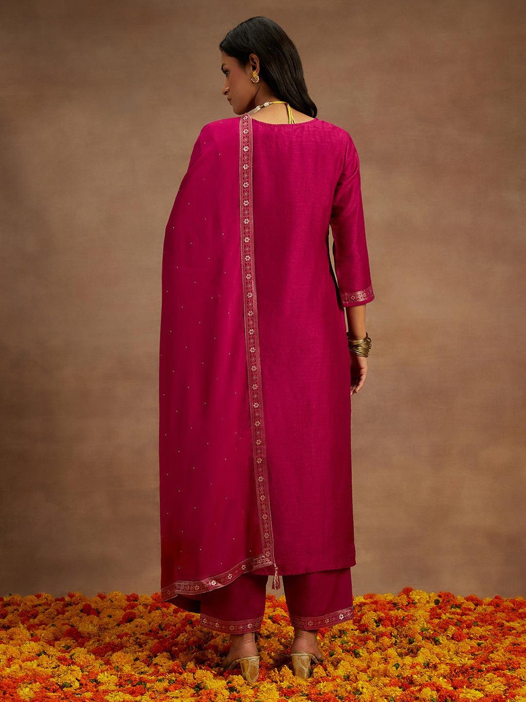 Magenta Woven Design Silk Blend Straight Kurta With Trousers & Dupatta - Libas 