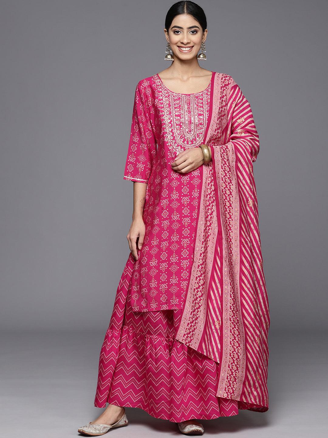 Magenta Yoke Design Silk Blend Straight Kurta With Skirt & Dupatta - Libas