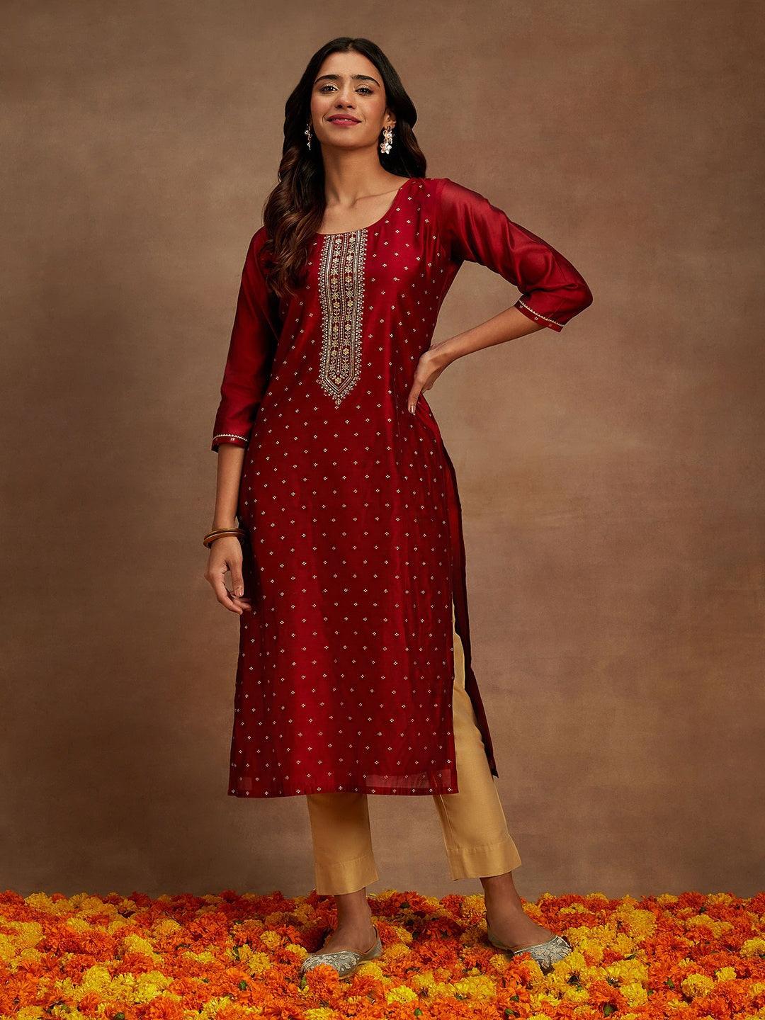 Maroon Chanderi Silk Woven Design Kurta - Libas