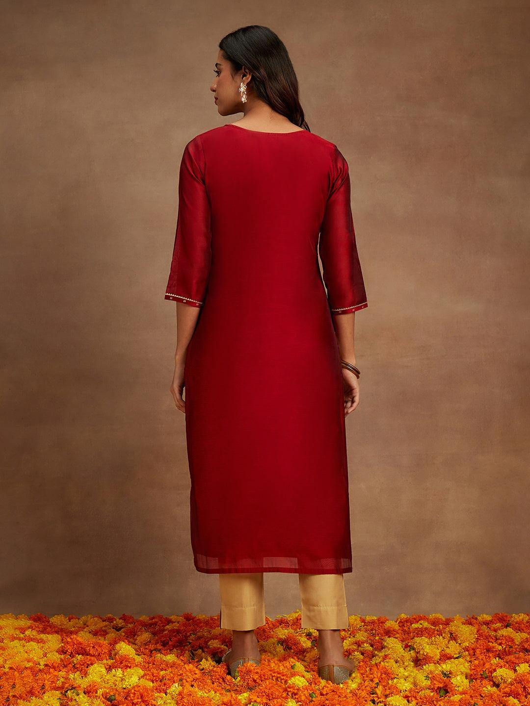 Maroon Chanderi Silk Woven Design Kurta - Libas